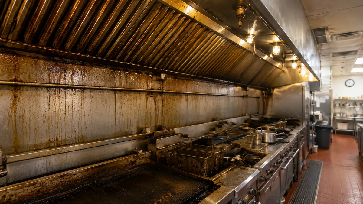 Greasy dirty commercial kitchen hood before cleaning